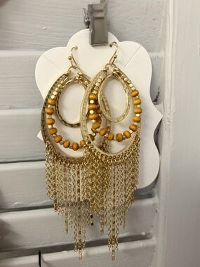 Boho Gold Hoop Drop Earrings with Bead Accents